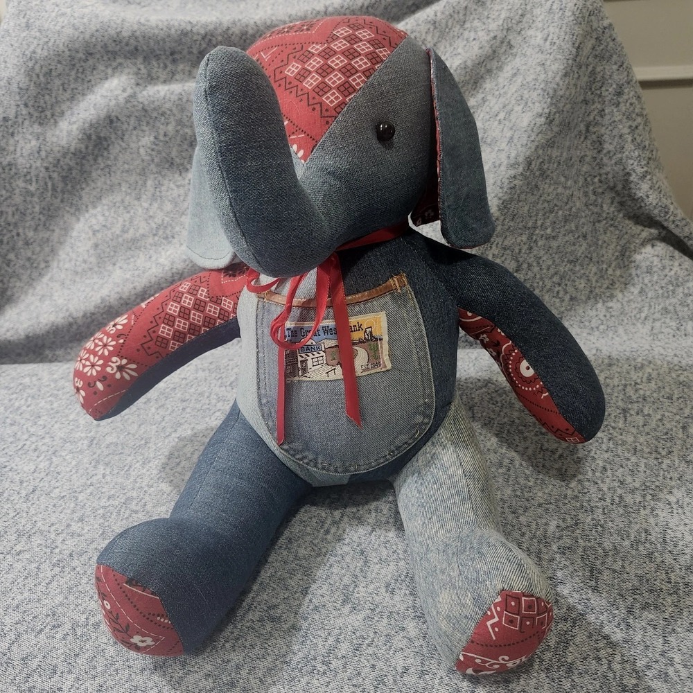 Handmade Denim And Red Bandana Stuffed Elephant With Vintage Jeans Label Upcycle